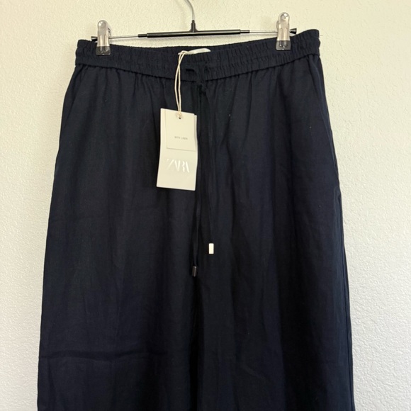 NWT Zara Linen Blend Straight Leg Pants in Blue Medium - Picture 3 of 8